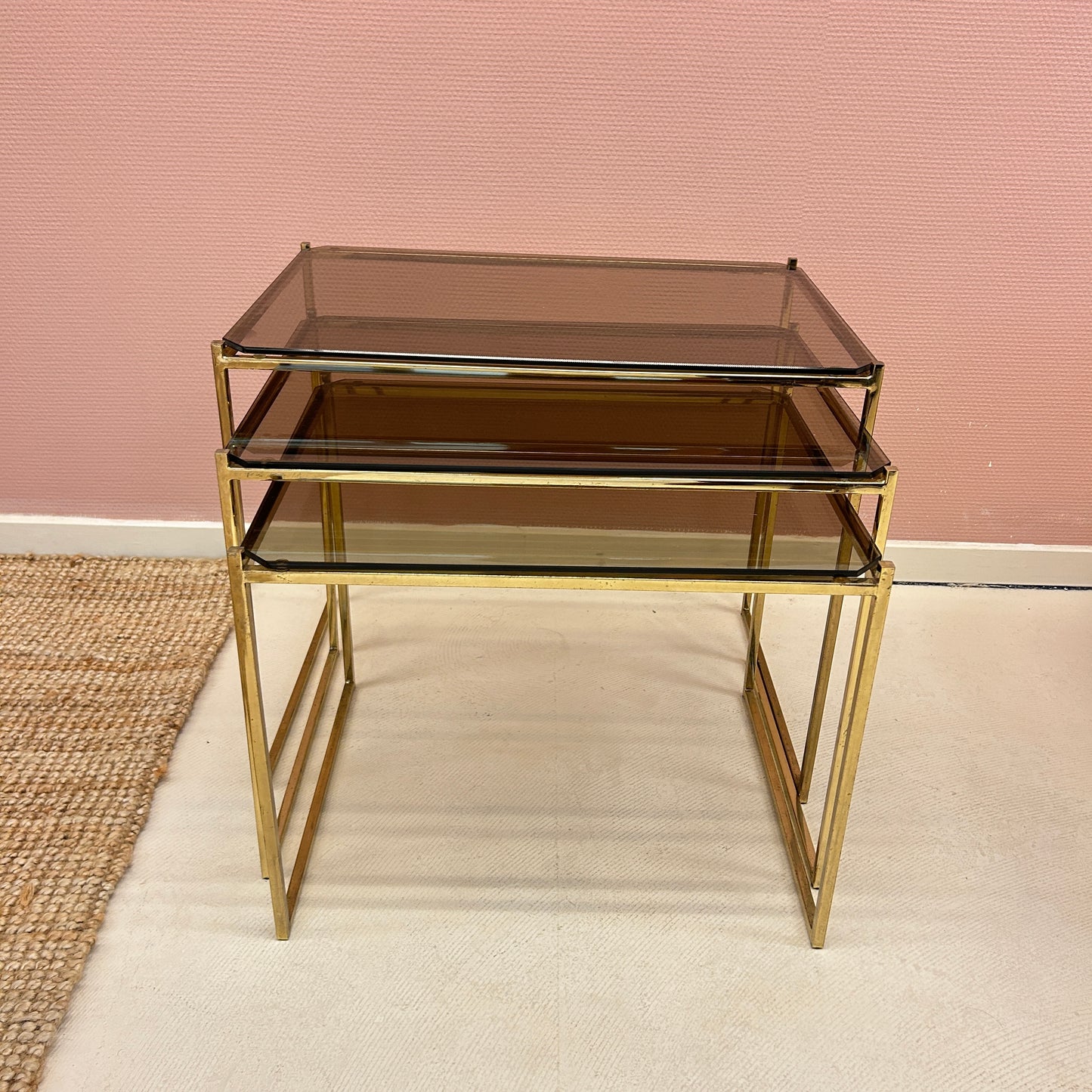 Nesting tables - Brass & smoked glass.