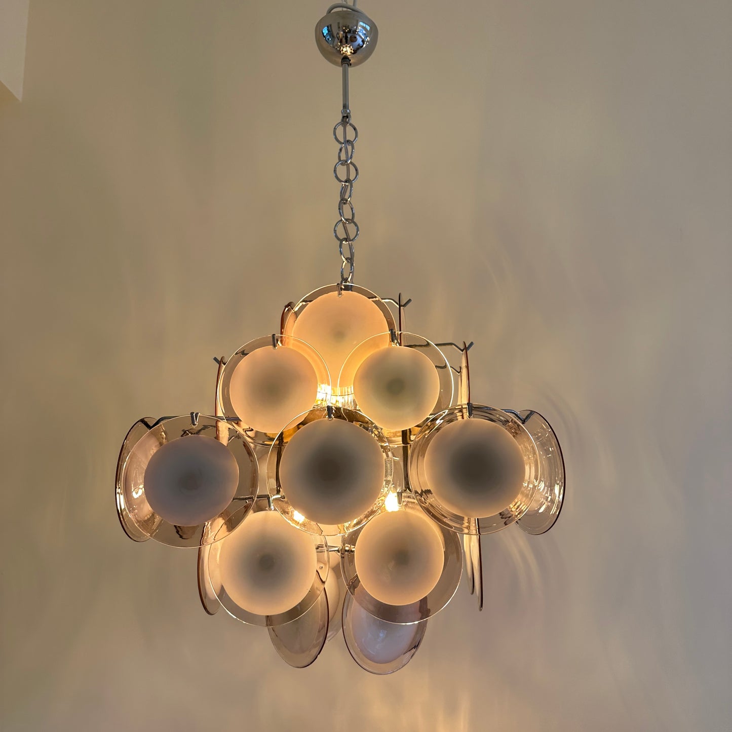 Hanging light with purple Murano glass discs by Vistosi
