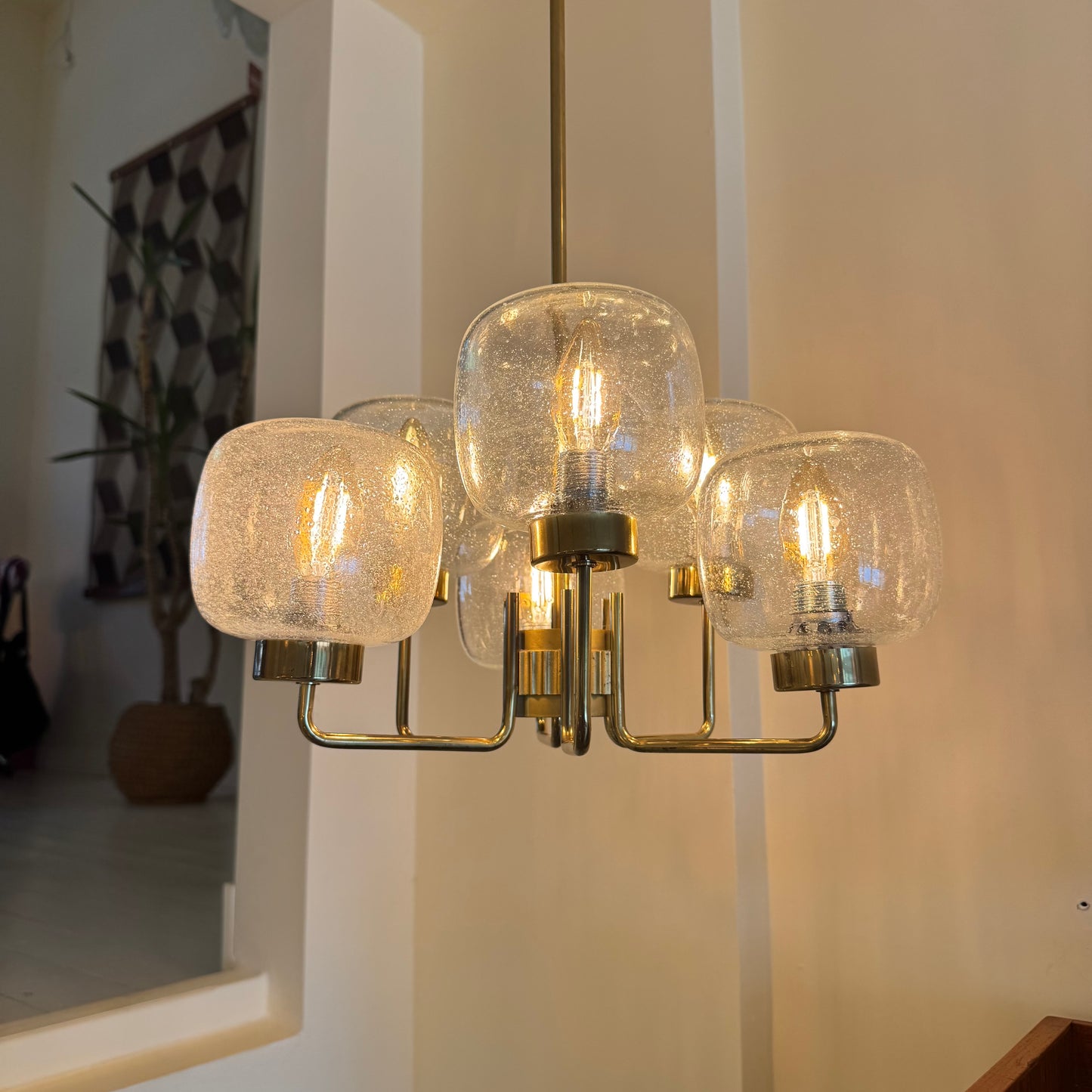 German brass & bubble glass chandelier