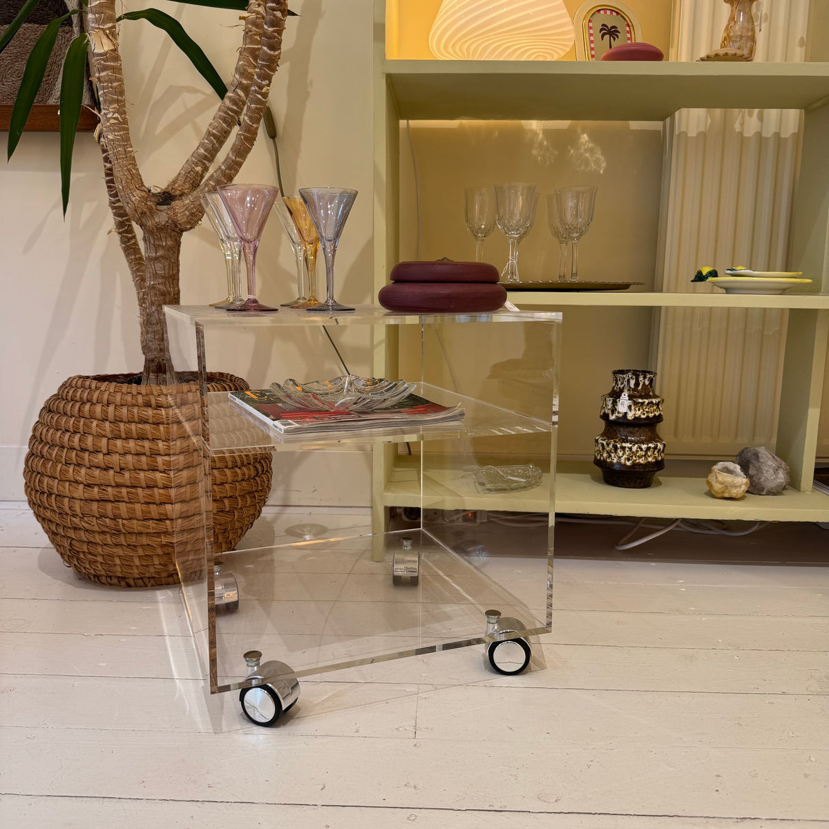 Vintage Acrylic Side Table on Wheels, 1980s