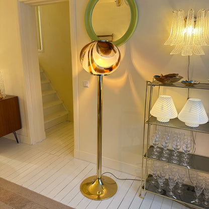 Italian Murano amber swirl glass globe floor lamp on brass base