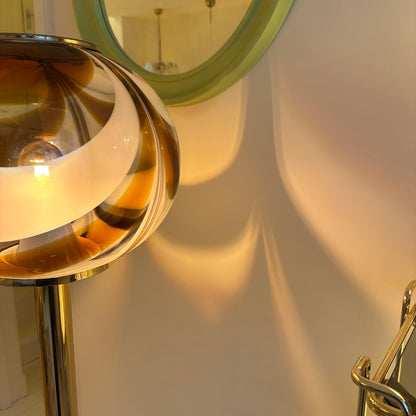 Italian Murano amber swirl glass globe floor lamp on brass base