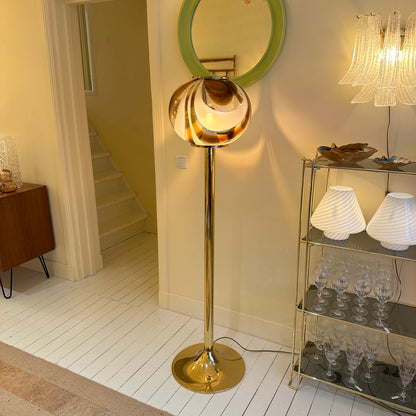 Italian Murano amber swirl glass globe floor lamp on brass base