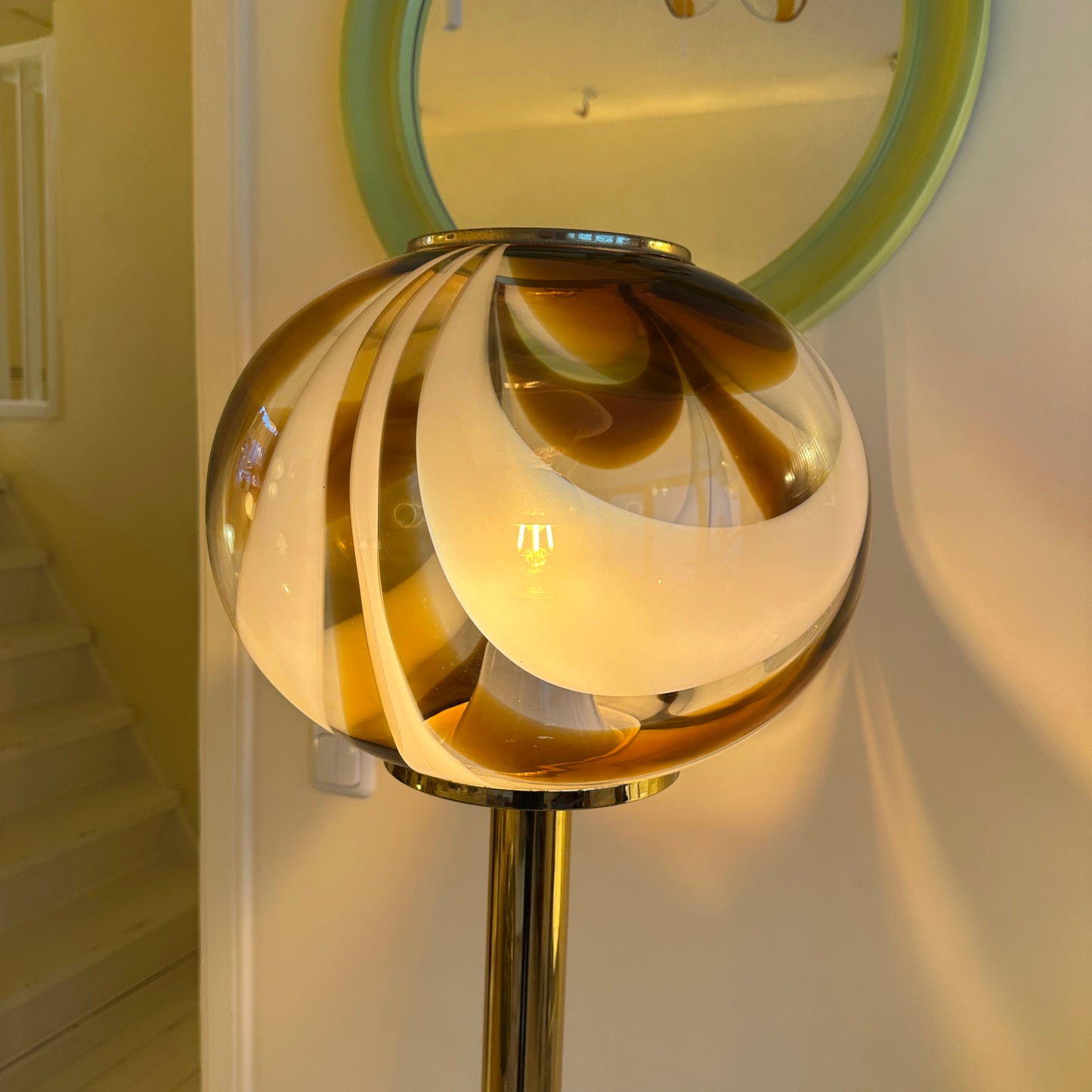 Italian Murano amber swirl glass globe floor lamp on brass base