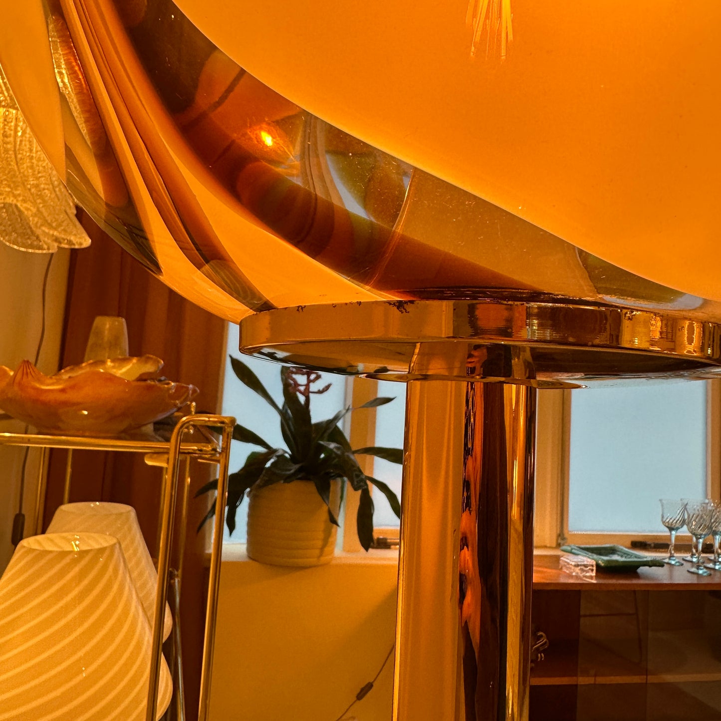 Italian Murano amber swirl glass globe floor lamp on brass base