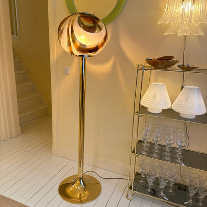 Italian Murano amber swirl glass globe floor lamp on brass base