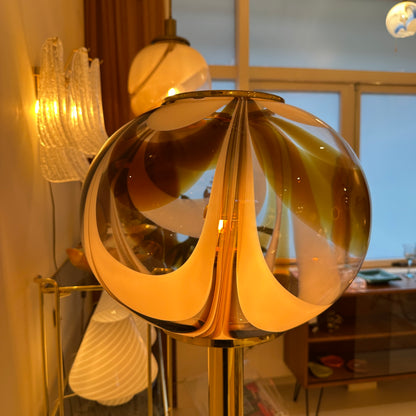 Italian Murano amber swirl glass globe floor lamp on brass base