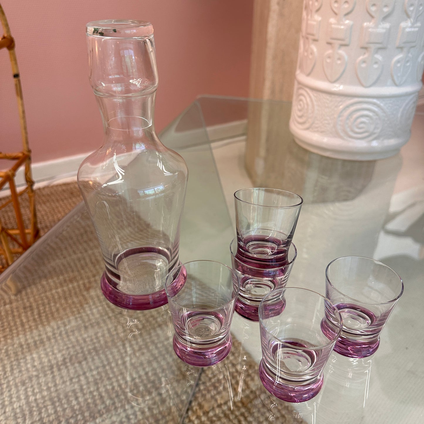 Purple glass decanter with 5 glasses