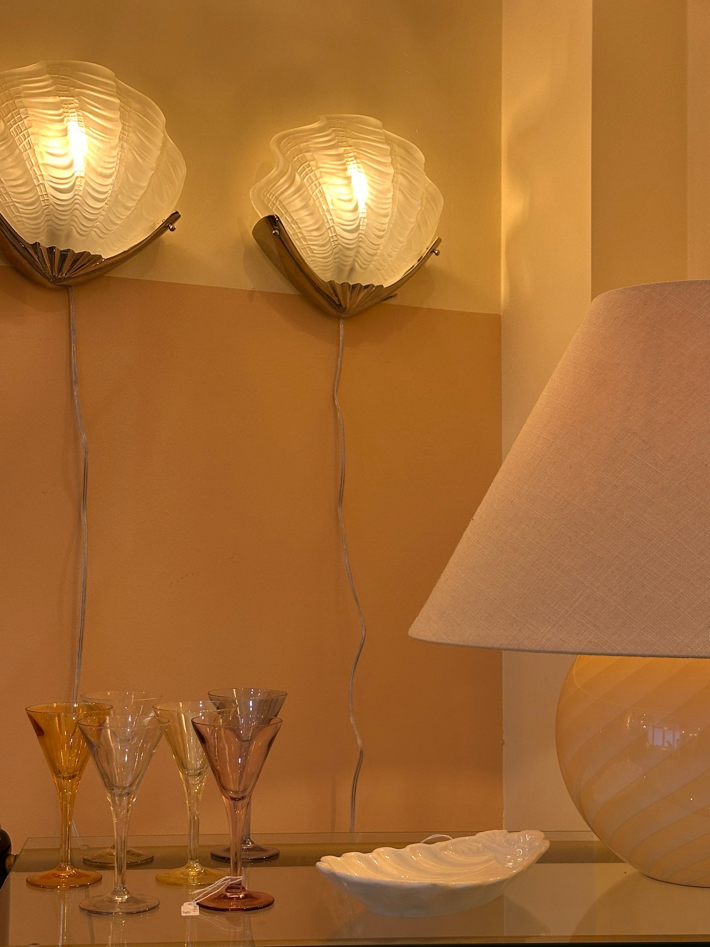 Art Deco shell wall lights with chrome fixture