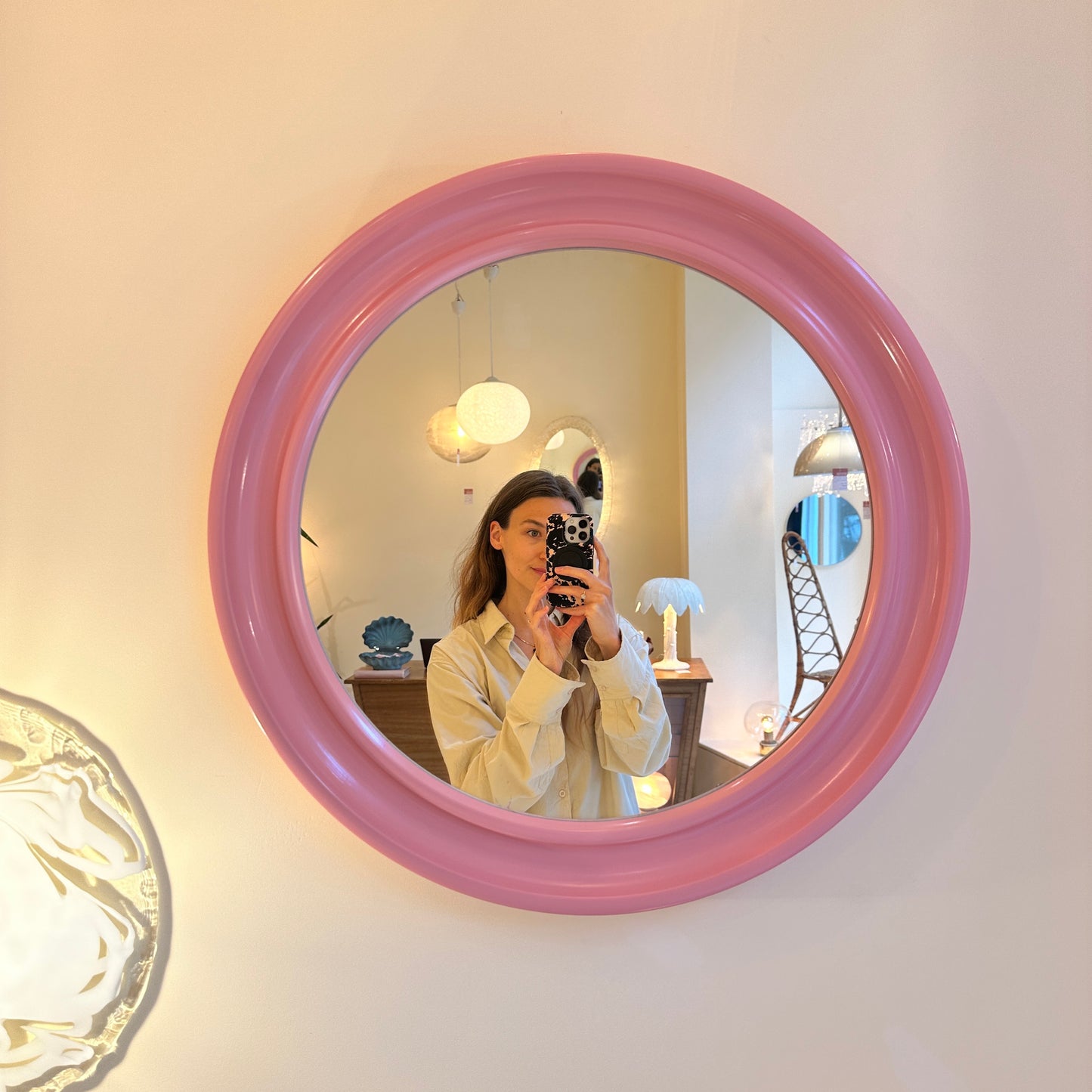 Pink 1970’s round upcycled mirror by Carrara & Matta, Italy