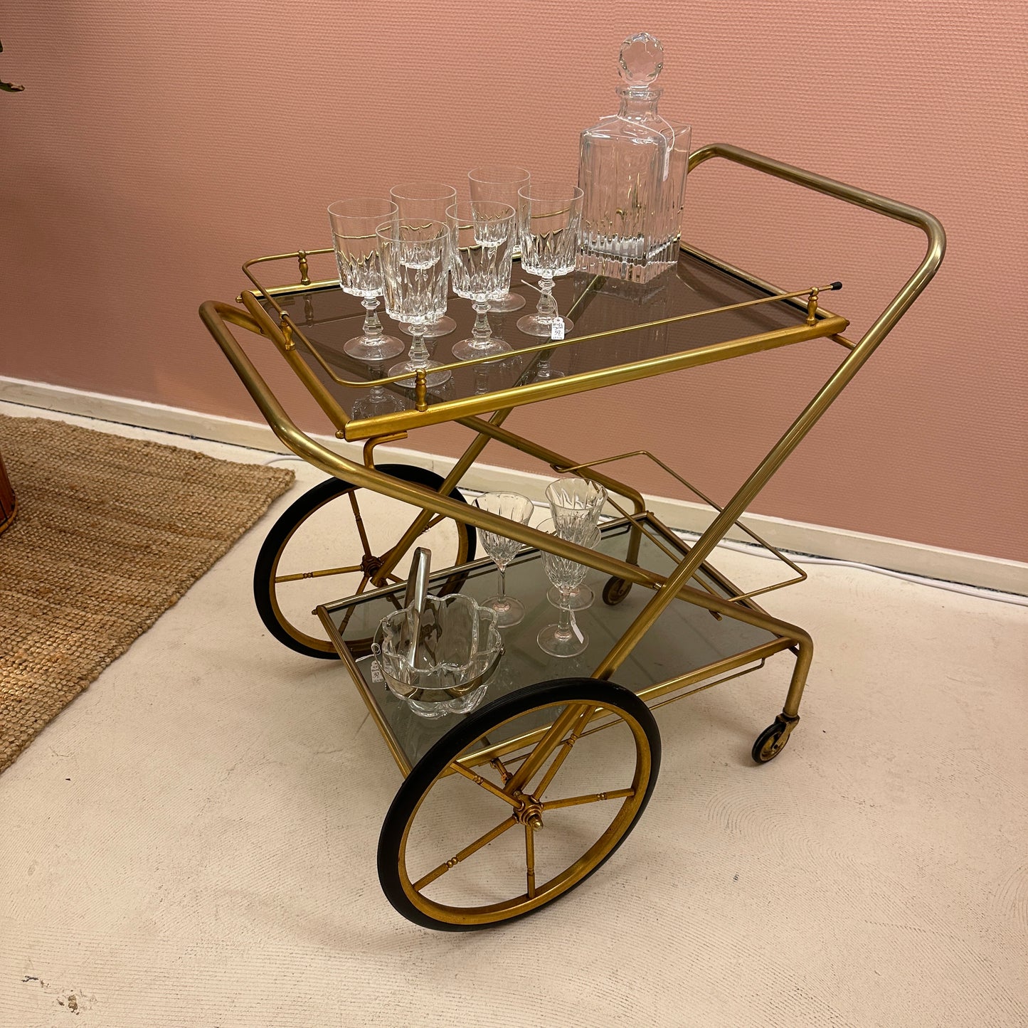 Brass barcart with big wheels