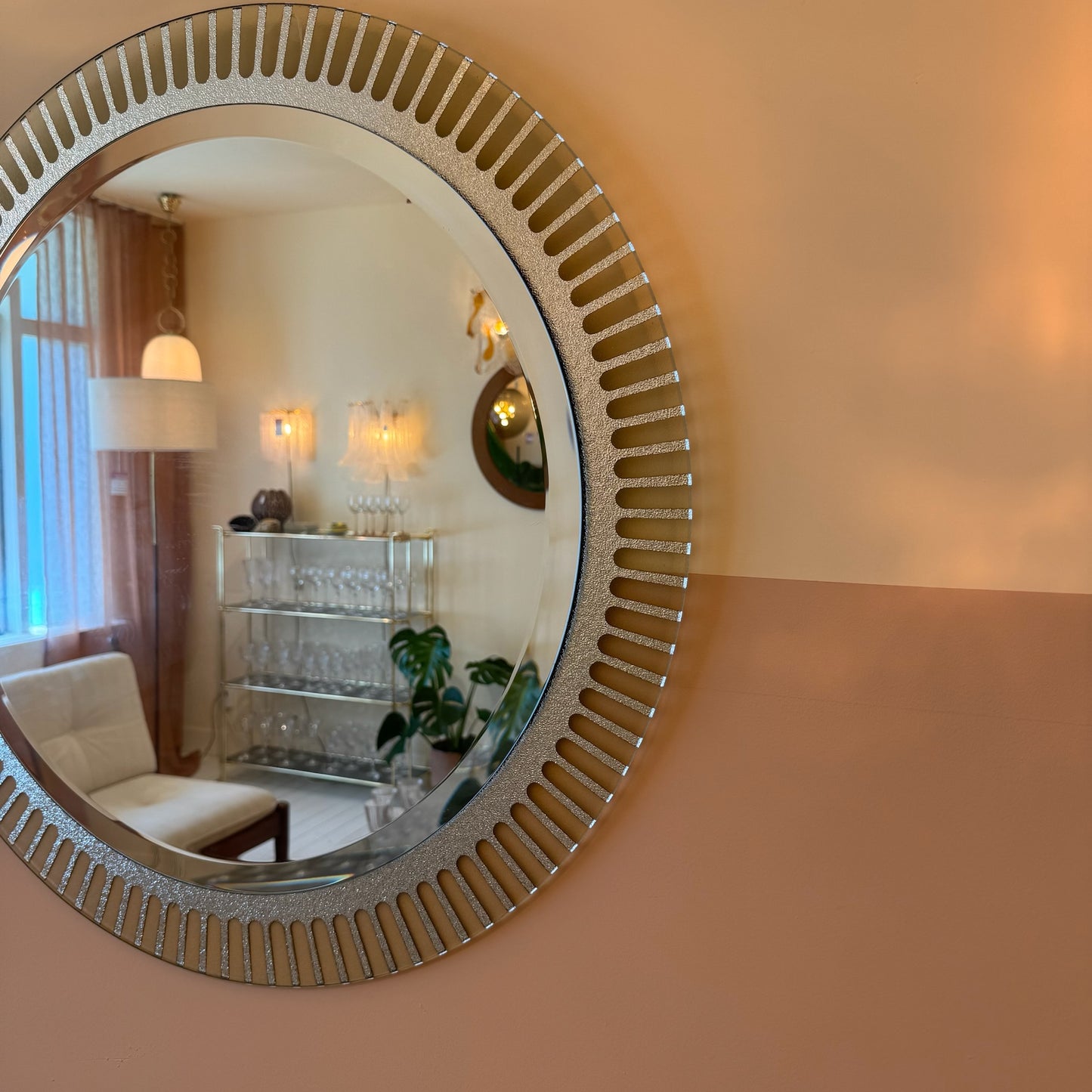 Mid-century XL chroom/zilveren spiegelglas