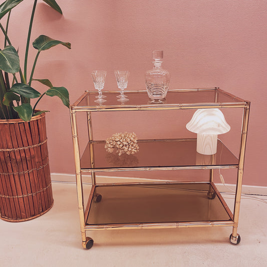 Vintage Italian gold faux bamboo barcart with smoked glass