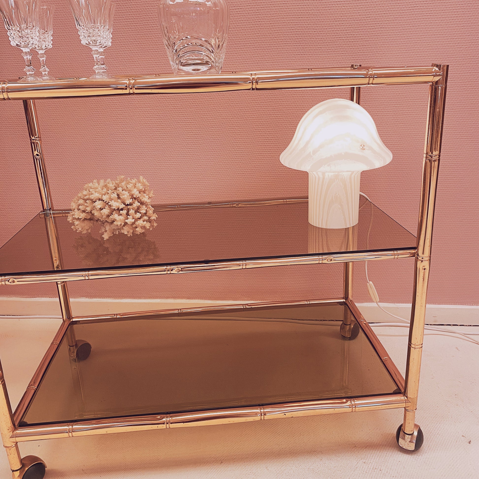 Vintage Italian gold faux bamboo barcart with smoked glass