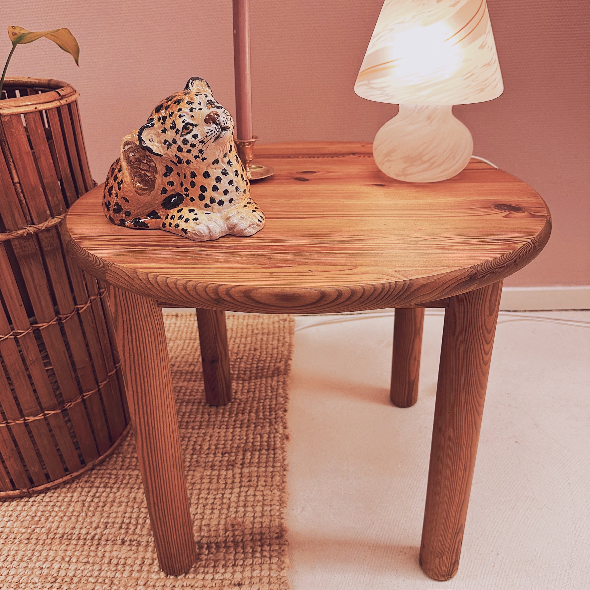 Vintage small round pine wood side table